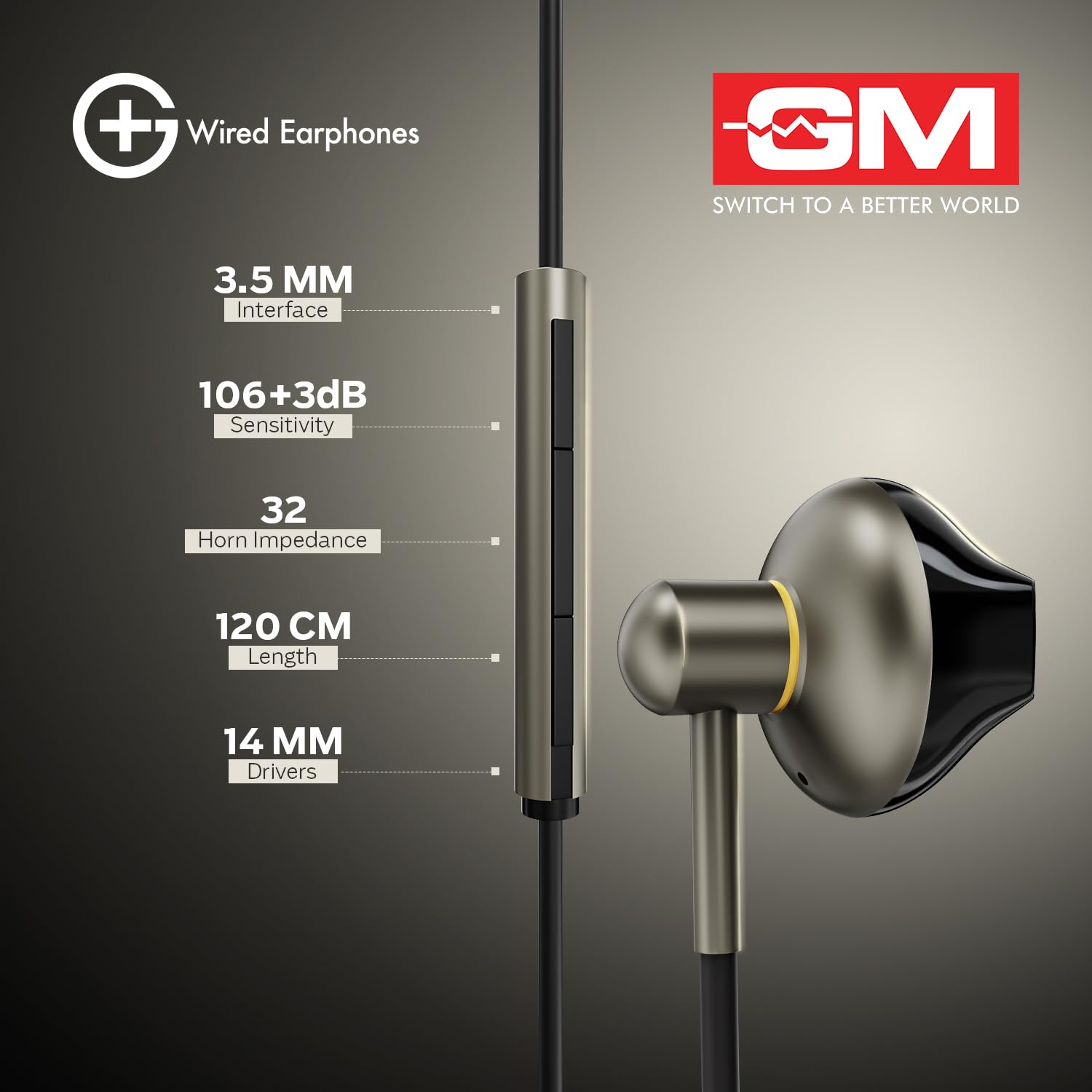 GM G+ Wired Earphone 14mm Dynamic Drivers, Built-in Mic, Stable, HD Calls,Half-in Ear Design,Inline Calling Mic Volume Control Lightweight TPE Wire - Image 5