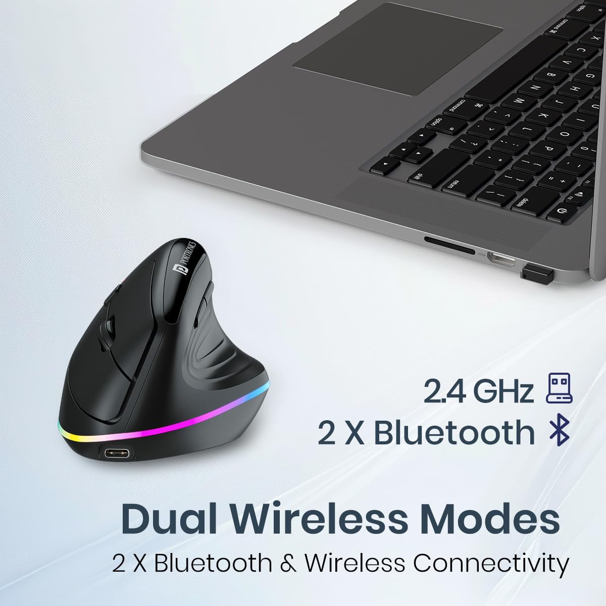 Portronics POR 3031 Toad Ergo 3 Ergonomic Wireless Mouse with RGB, 2400 DPI, Dual Mode BT And 2.4GHz Connectivity, Rechargeable Battery, 6 Buttons, Adjustable DPI, Silent Clicks Black - Image 2