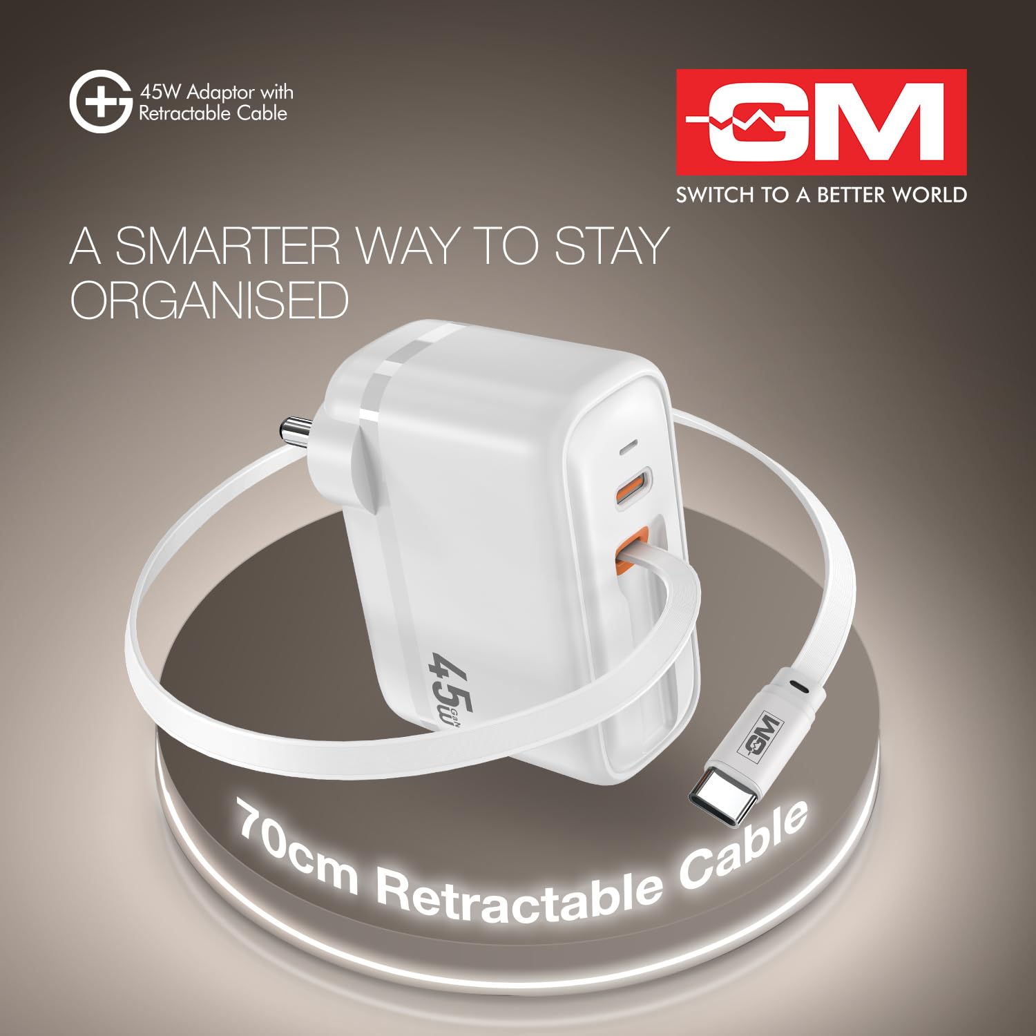 GM G+ 45W Type C All in One Travel Adapter with 70 CM Retractable Cable, GaN Technology Super Fast Charger for Mobile And Laptop White - Image 2