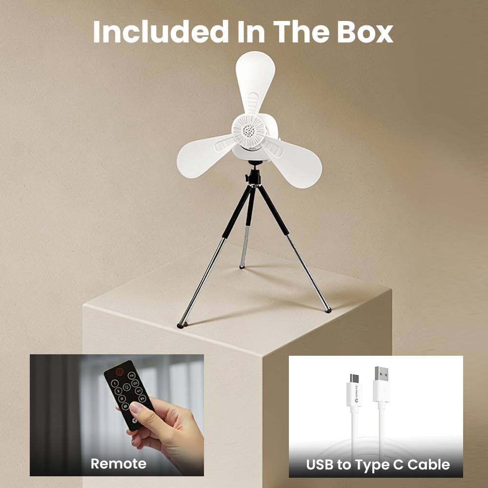 Toreto Steady Air Portable Ceiling Fan with Detachable Tripod Stand, 180° Automatic Oscillation, Built-in Night Light, TypeC Charging Remote Off White - Image 9