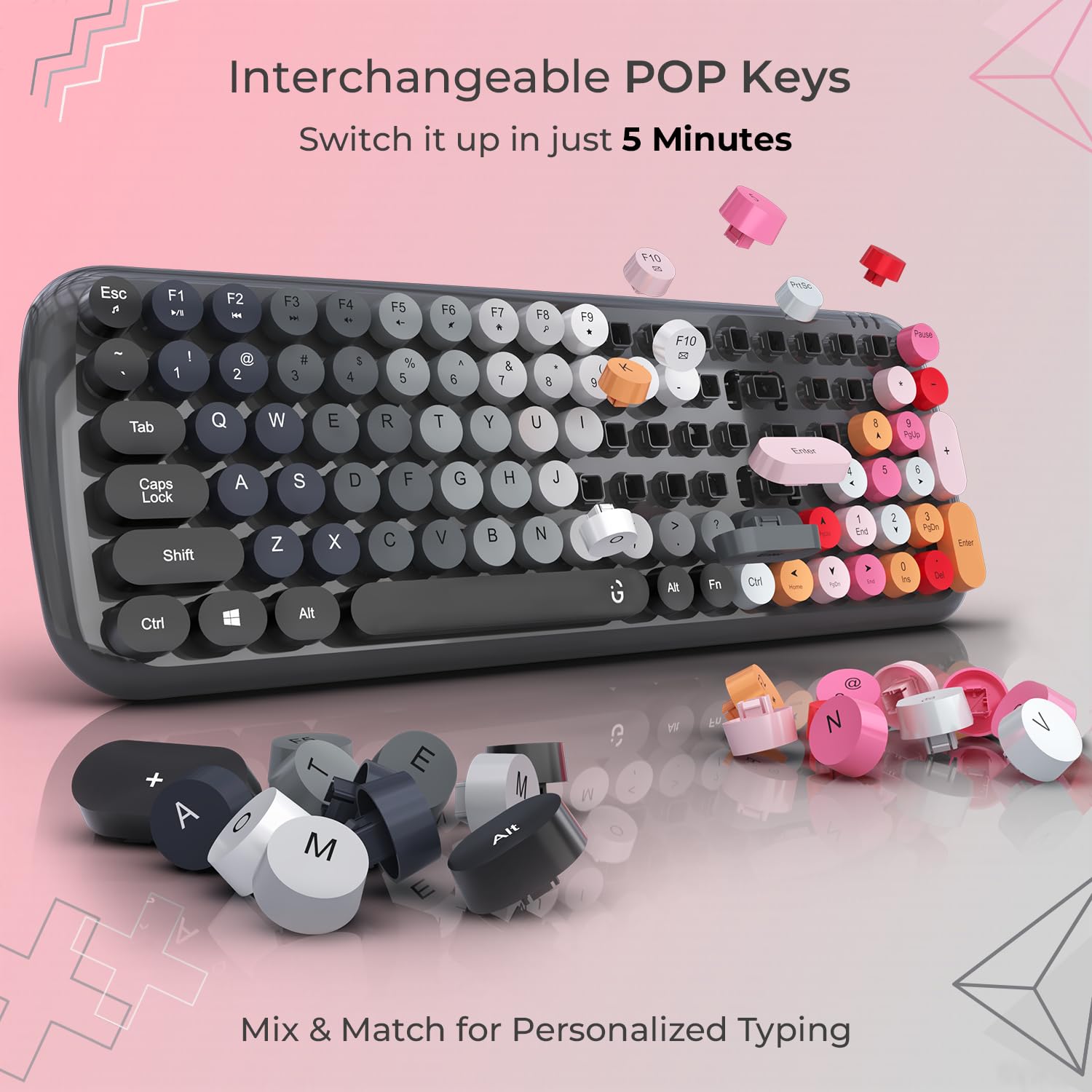 iGear KeyBee Interchangeable/Customizable Typewriter Inspired 2.4GHz Wireless Keyboard with Mouse, Single Nano Receiver, Round Keycaps, Pink and Grey - Image 2