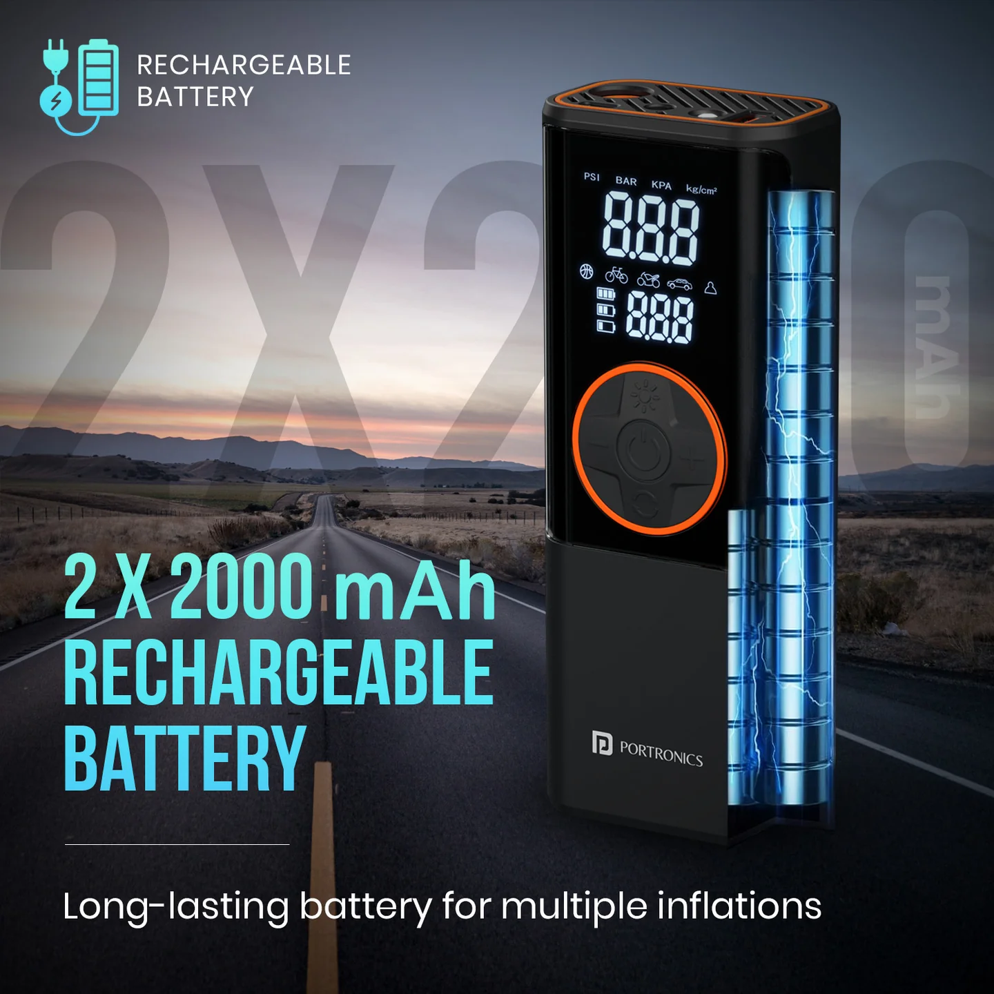 Portronics POR 2154 Vayu 4.0 Tyre Inflator with 2-in-1 Rechargeable & Corded Power, Preset Inflation Modes, Digital Display, Flashlight Torch, 2x 2000 mAh Battery Cells - Image 2