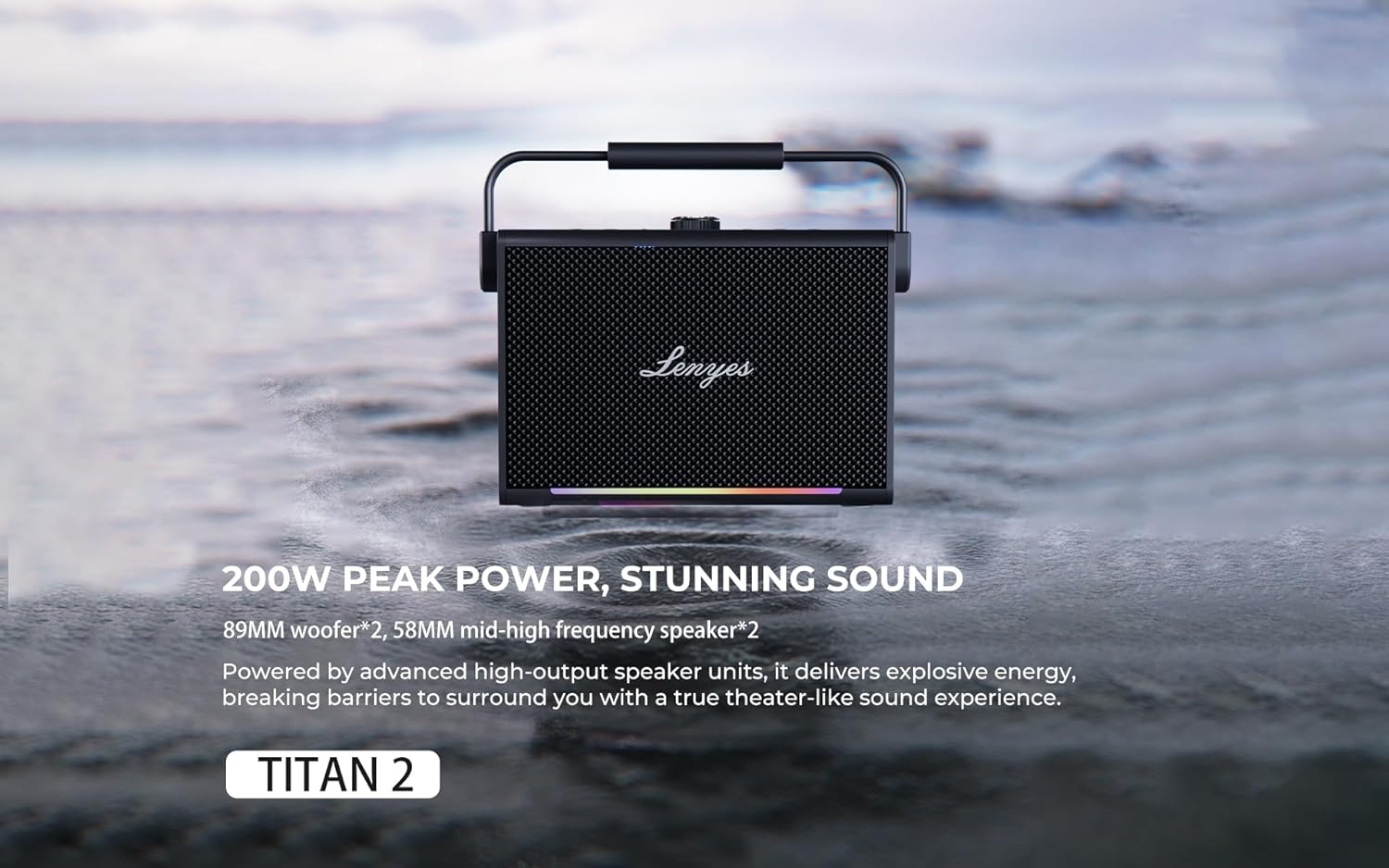 Lenyes Titan 2 Bluetooth Party Speaker, 200W Peak, 2 Wireless UHF Mics, RGB Lights, TWS Stereo, IPX6 Waterproof, 20000mAh Battery, AUX/USB/TF/OTG - Image 3