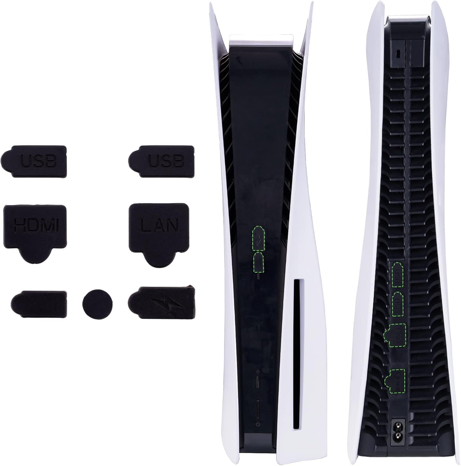 Dust Plug Cover 7 pcs Set Black for PS5 Fat Console, USB HDMI Silicone Dust Plugs Compatible with PS5, Type A/C LAN Port Dust proof Plug for PS5, Dust proof Plug Accessories for PS5 Console - Image 1