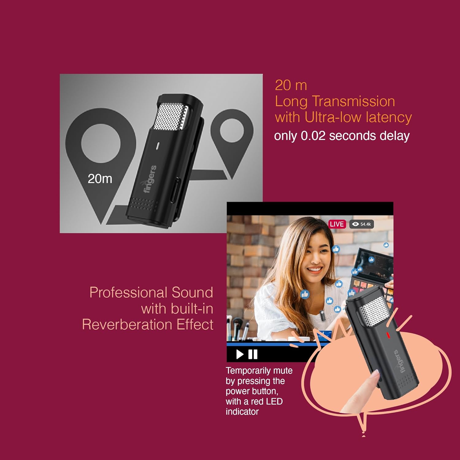 FINGERS PhoneMic Type C (2Mic) Dual Wireless Lavalier Microphone for Mobile Recording & Streaming 2.4 GHz, Intelligent Noise Reduction, Ear Monitoring, Compatible with Type-C Devices - Image 8
