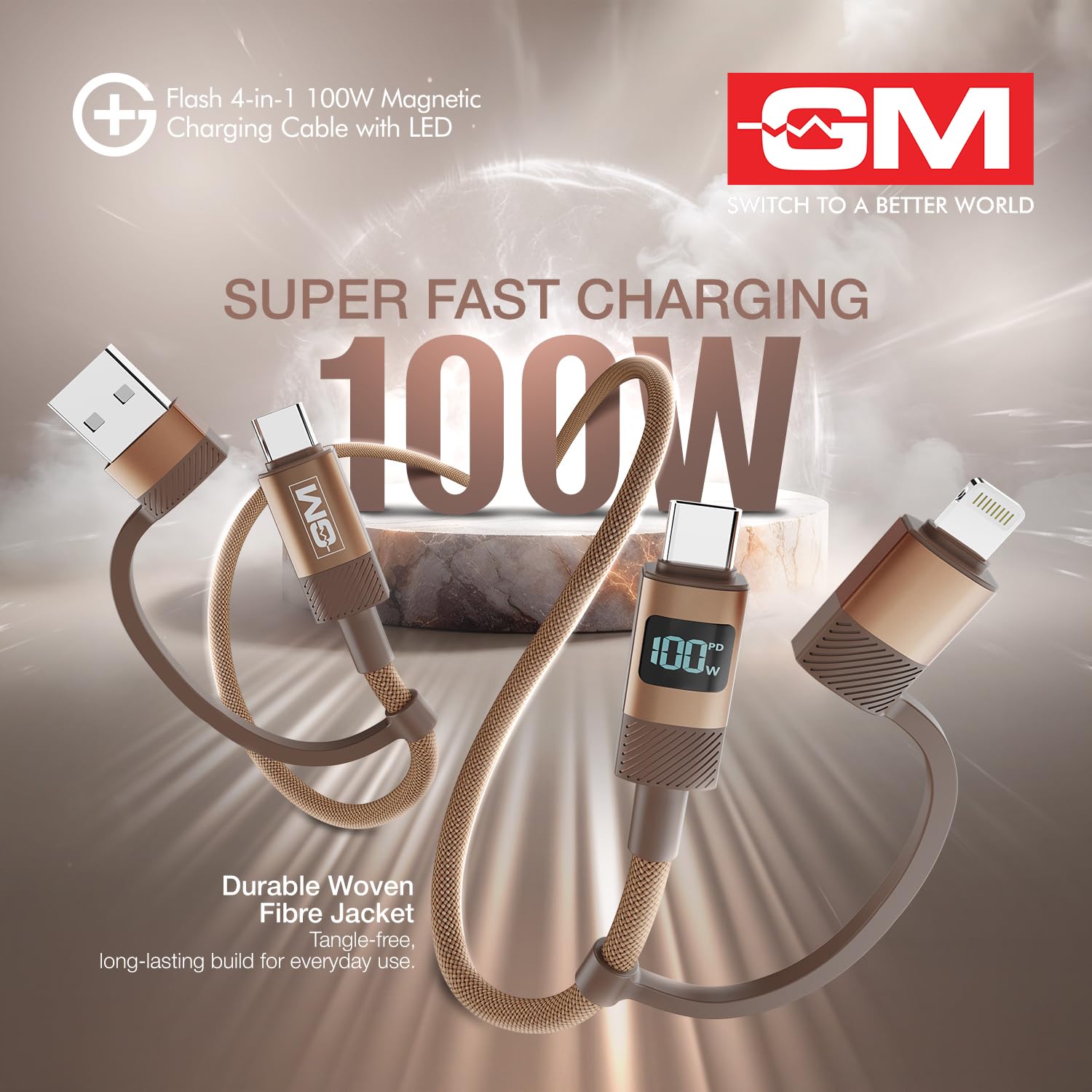 G+ Flash 4-in-1 100W Magnetic Charging Cable with LED Indicator, Self-winding, 480Mbps, 4 Ports (2 Type-C, Type-A, Lightning), 120cm Cord Length, For Laptops, Tablets, & High-power Devices - Image 6
