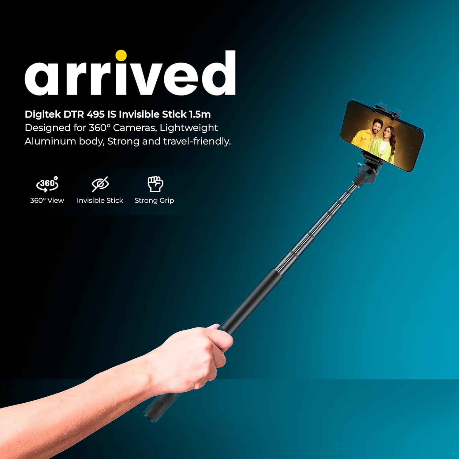 Digitek DTR 495 IS Aluminum Invisible Selfie Stick, 1.5meter, Rotation Lock, Anti-Skid, Compatible with Insta360, GoPro Hero And DJI Action Cameras - Image 2