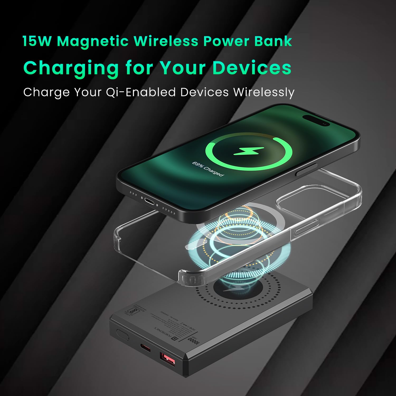 Portronics POR 2257 Luxcell MagClick 10k 10000 mAh 15W Magnetic Wireless Fast Charging Power Bank Premium Finish, 22.5 Wired Output - Image 2
