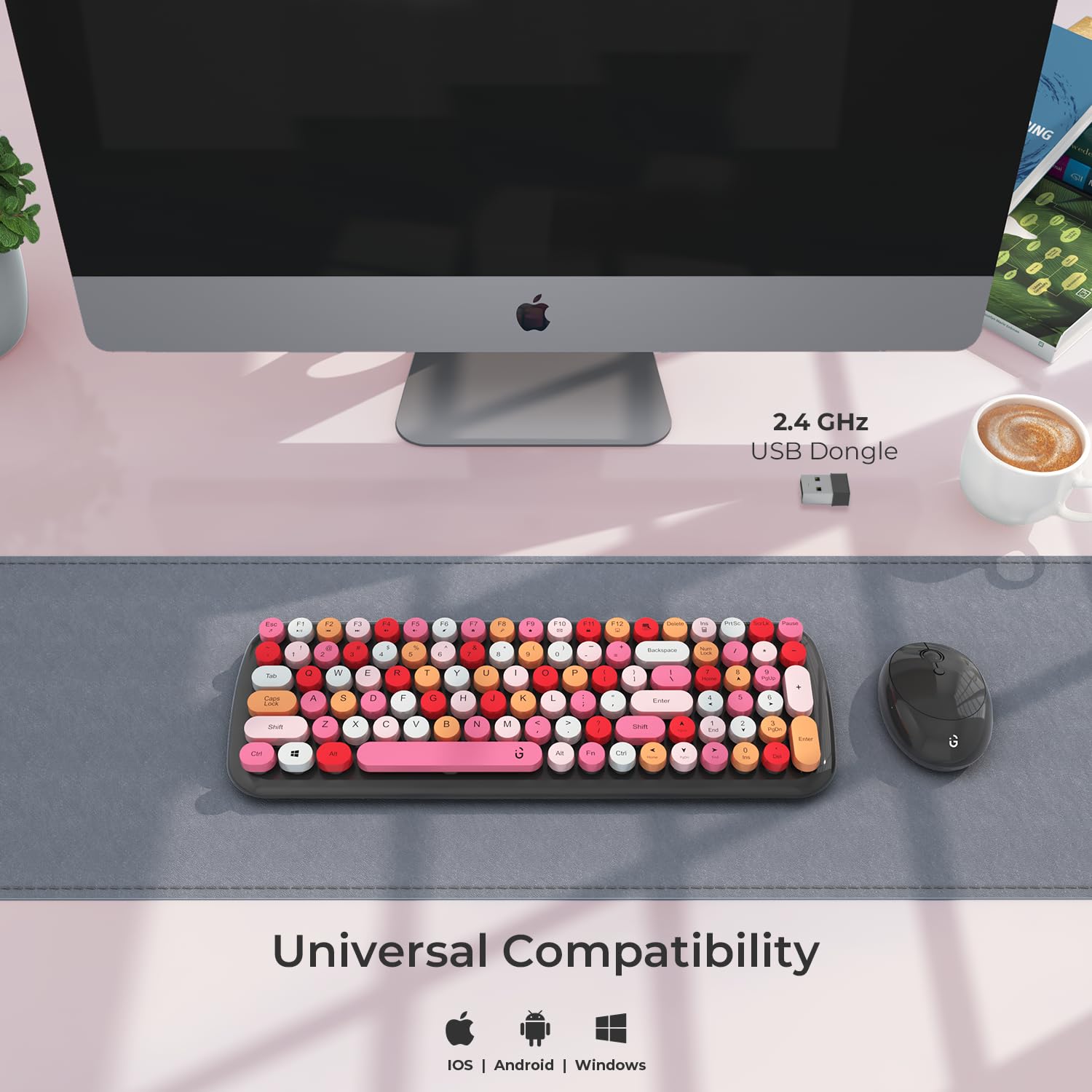 iGear KeyBee Interchangeable/Customizable Typewriter Inspired 2.4GHz Wireless Keyboard with Mouse, Single Nano Receiver, Round Keycaps, Pink and Grey - Image 3