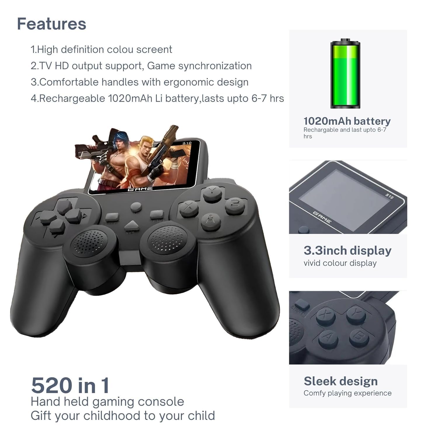 S10 Retro Digital Game Player Controller Gamepad, 520 Massive Classics Games, Handheld Gaming Console - Image 8