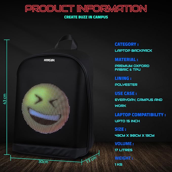 LED Backpack 17L, Smart Display Bag, App Controlled, Programmable Screen And Water Resistant, Unisex Daypack For School, College, Travel, Laptop, Men And Women - Image 9