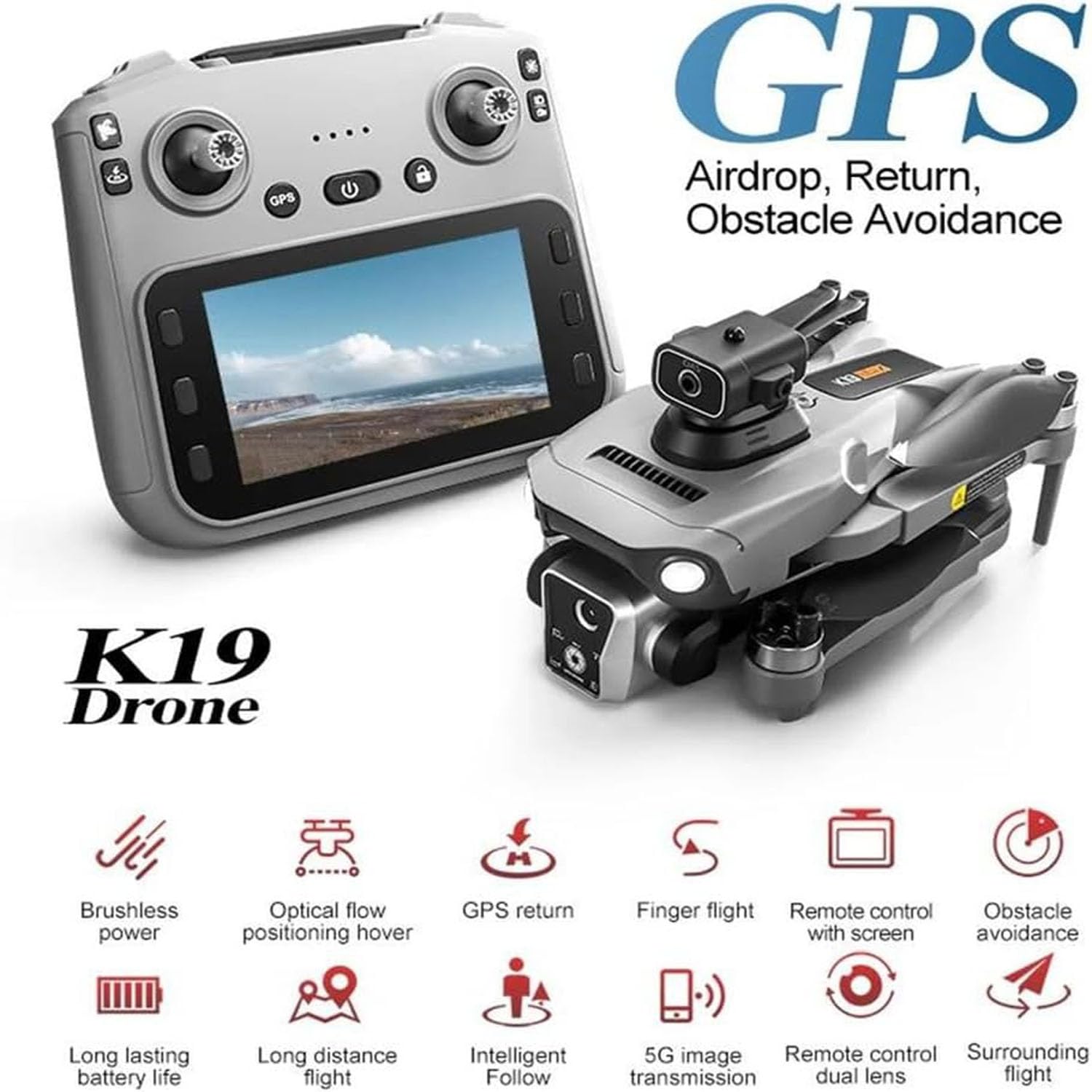 K19 max GPS Drone 4.5-inch Screen Controller, SD card, 2 Batteries, Airdrop, Brushless Motor, Obstacle Avoidance GPS Drone 4K Camera,Carrying Case - Image 4