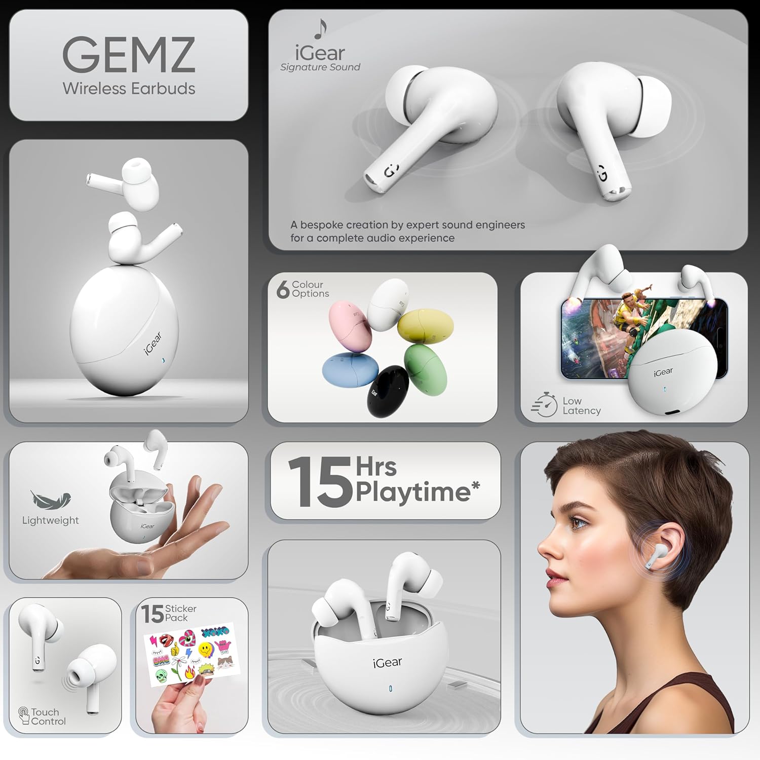 iGear Gemz Wireless Earbuds, 15 Hrs+ Playtime, HiFi Bass, Low Latency, Touch Controls, Voice Assistance, Compact & Ergonomic, for Gaming White - Image 2