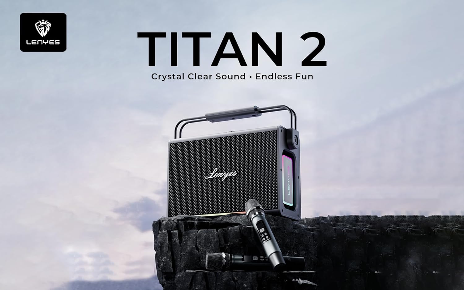 Lenyes Titan 2 Bluetooth Party Speaker, 200W Peak, 2 Wireless UHF Mics, RGB Lights, TWS Stereo, IPX6 Waterproof, 20000mAh Battery, AUX/USB/TF/OTG - Image 2