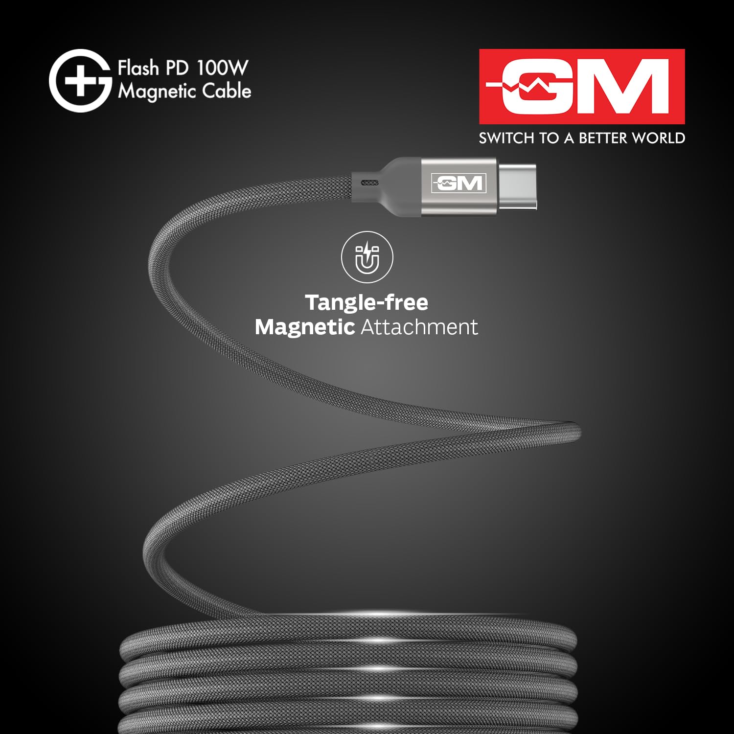GM G+ Flash PD 100W Grey Magnetic Cable, Type-C to Type-C, 1.2M Length, Premium Braided Copper Wire, Durable And Wear Resistance - Image 8