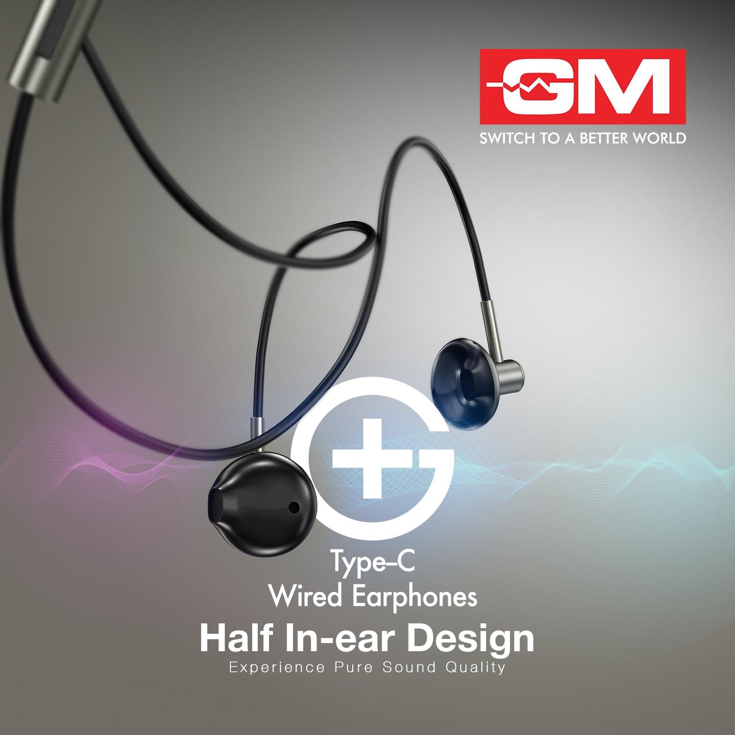 GM G+ Type-C Earphones with HD Sound, Half Ear Comfort Fit, Built-in Mic, One Touch Control, Metallic Finish, 14mm Drivers, Lightweight Wired USB-C Earphones for Calls and Music - Image 3