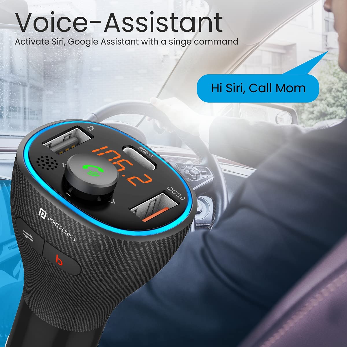 Portronics POR 1265 Auto 15 Bluetooth - FM Transmitter in-Car Radio Adapter for Hands-Free Calling, Music Streaming, USB Reading, 20W/38 W Max Black - Image 6