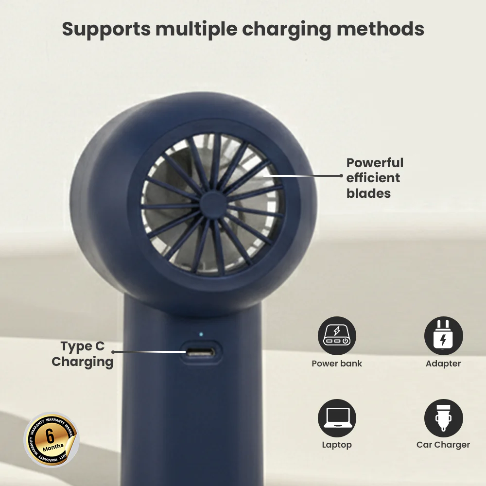 Toreto Breeze Portable hand fan with powerful and efficient blades, adjustable wind speed, display screen, turbo drive performance, Type-C charging support, and travel-friendly design - Image 6