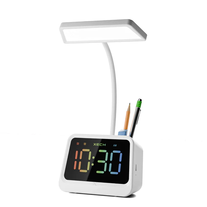 Xech Prism Alarm Clock with Lamp, Pen Stand Speaker, Rechargeable Desk Lamp for Study, Digital Clock, Mini Speaker, Gift for Office, Home & Kids White - Image 1