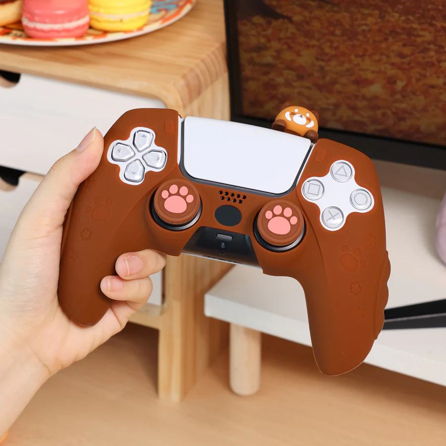 IINE PS5 Controller Adorable Bear Skin Set, Featuring 2 Thumb Grip Caps and 1 Sticker, Anti-slip Silicone Protective Cover Skin Case for Playstation 5 Wireless Controller Brown - Image 6