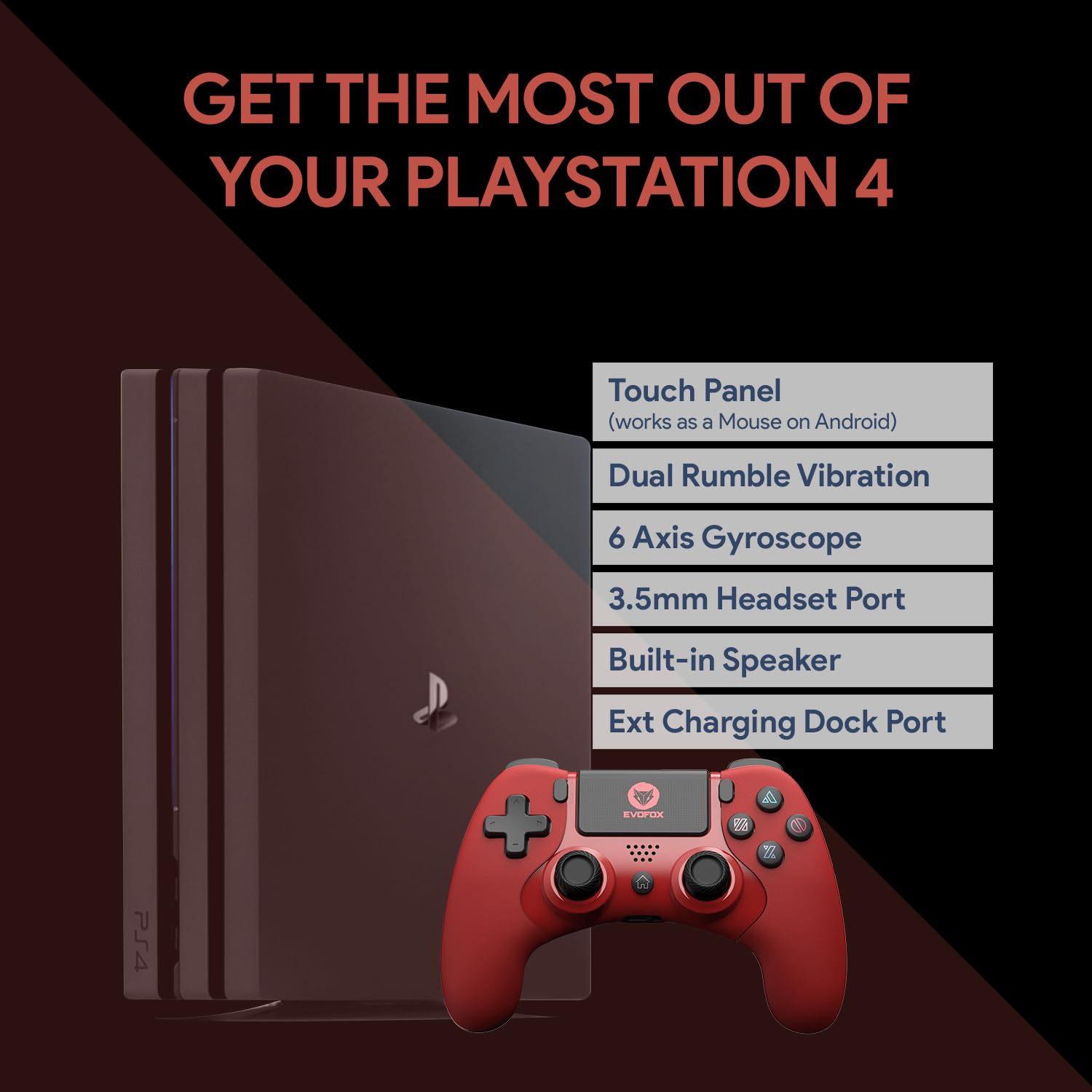 EvoFox Elite Play ps4 controller, iPad, Phones, Bluetooth 5, Dual Vibration, 6 Axis Gyro Sensor, 10 Hours, Touch Panel Red Unboxed ( Preowned ) - Image 2
