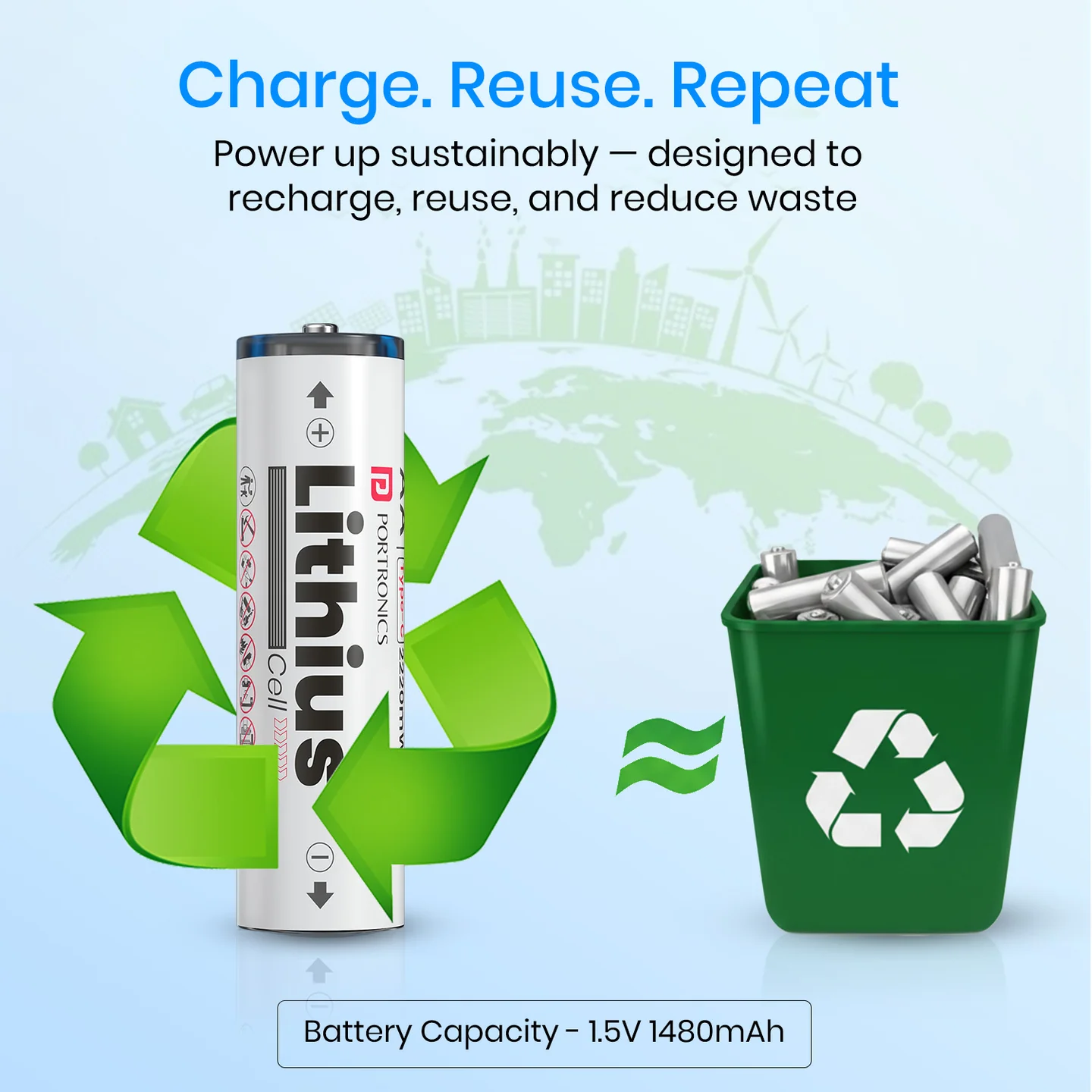Portronics POR2509 AA Lithius Type C Rechargeable Batteries, Pack of 2, Lithium Ion Cell Composition, Upto 1480mAh Capacity, Low Self Discharge, No Separate Charger Required White - Image 4