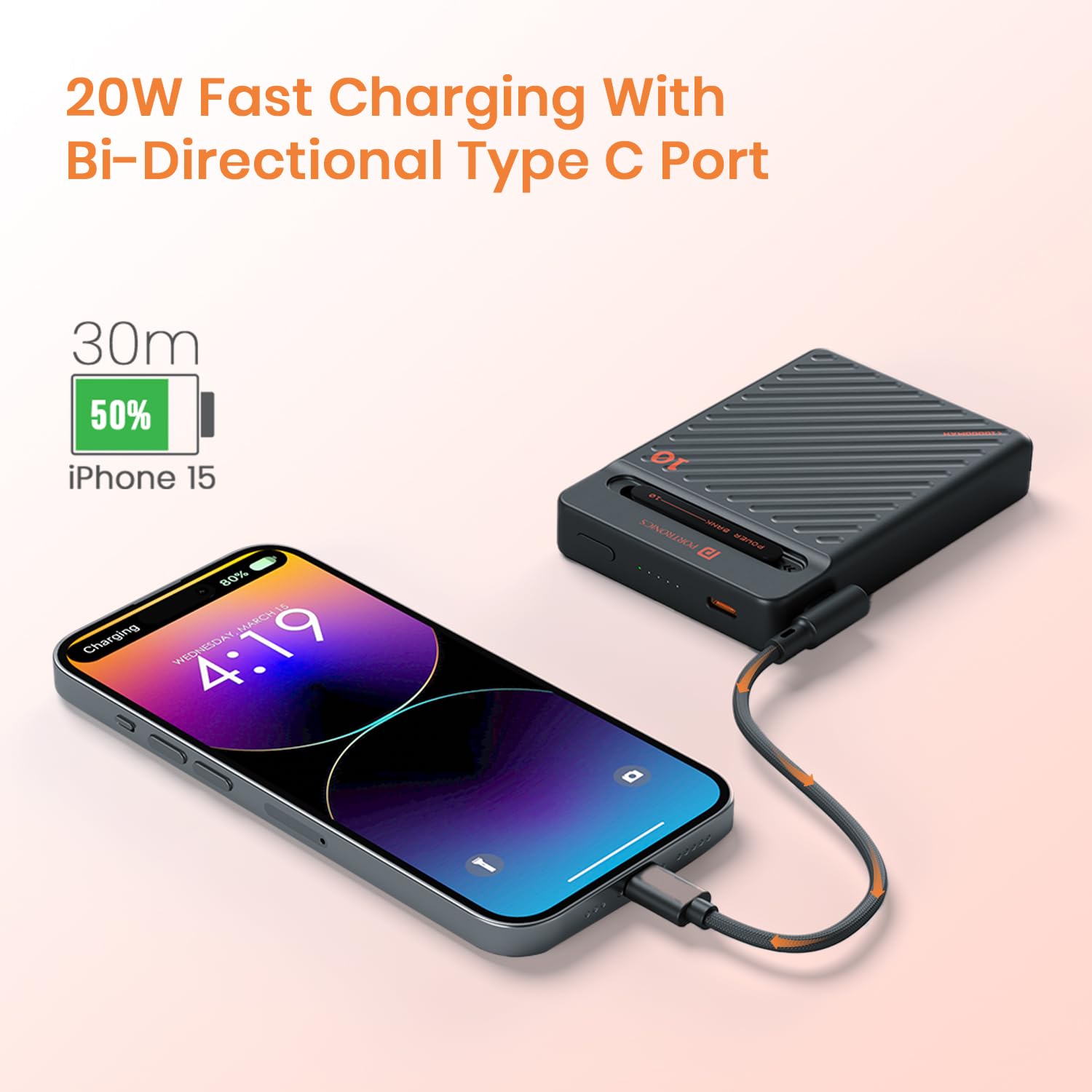 Portronics POR 2663 Chyro 10000mAh 15W Magnetic Wireless Fast Charging Powerbank with MagSafe Mobile Stand,in-Built Type C Cable With 20W Output,For iPhone 12 Above, Android, Other Qi Enabled Devices Black - Image 5