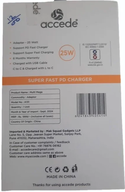 Accede A131 Multi Mega 25W Three In One Charge Any Phone With Any Cable, Mobile Super Fast Charger - Image 3