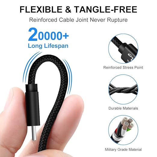 Accede A1010 USB To Type C Cable 2 m JACK XL Tangle-Free Unbreakable 2.4A Round Nylon Braided Type C - Image 6