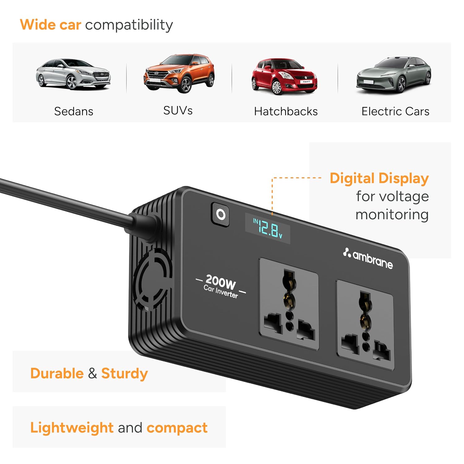 Ambrane 200W Car Power Inverter/Laptop Charger, Charge 5 Devices, 1 Type C 33W PD, 2 USB 22.5W QC, 2 AC Universal Outlets, Safe Charging Technology, For All 12V DC Socket Cars, SmartStrip Auto, Black - Image 5