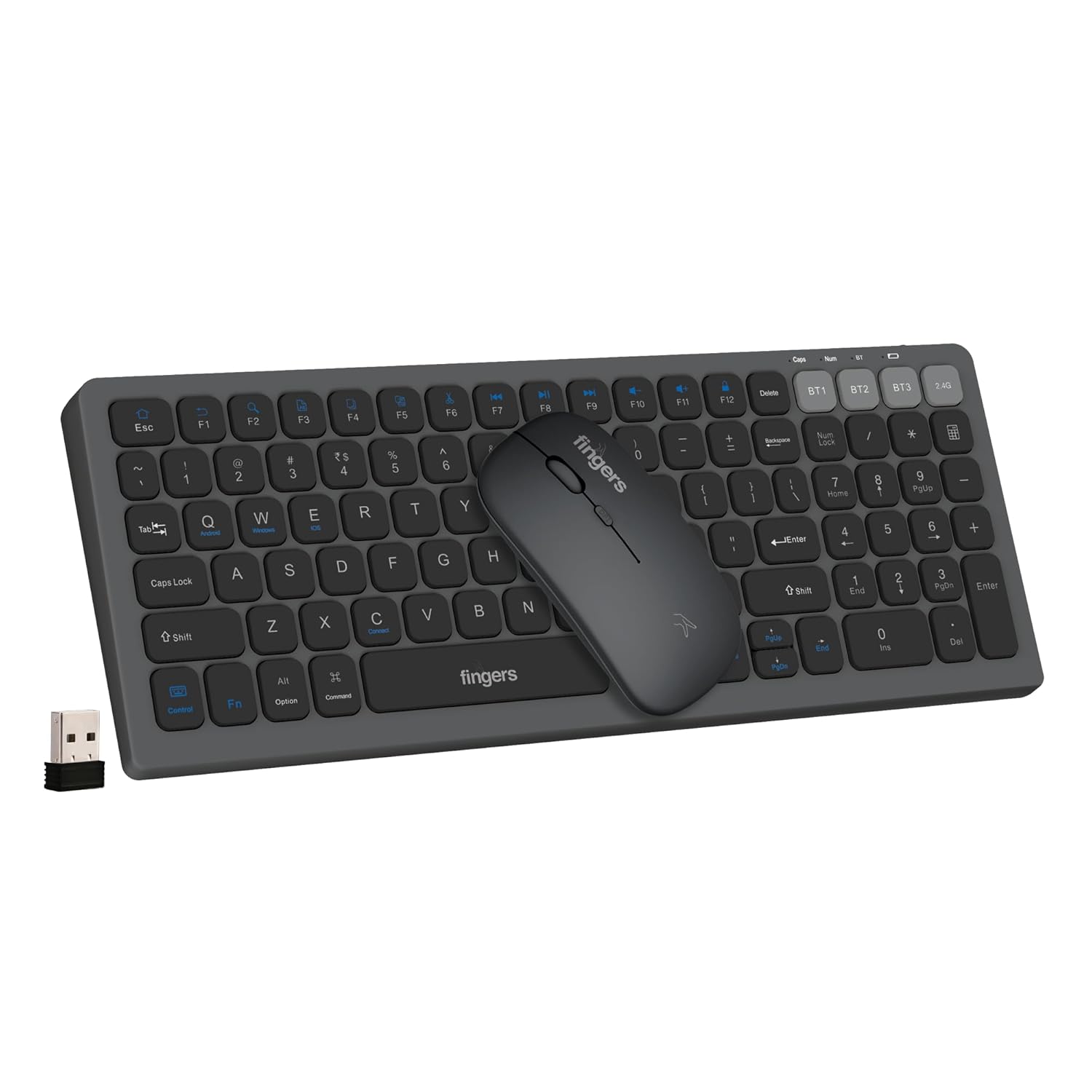 FINGERS ComboRegal-D4 Wireless Deskset Slim Design, X-Scissor Keys Laptop-Style Typing, Dual Mode USB + Bluetooth, Rechargeable Type-C, 1600 DPI And Multi-Device Compatible Carbon Grey - Image 6
