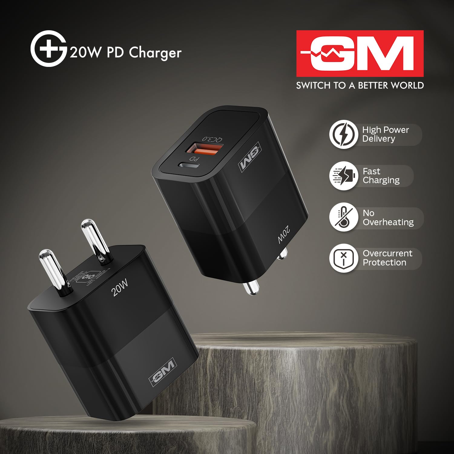 GM G+ 20W Dual Port Type C And A Mobile PD Charger, Fast Charging for Android, iPhone 16/15/14/13/12/11 Pro,Max, Samsung, One Plus Black - Image 4