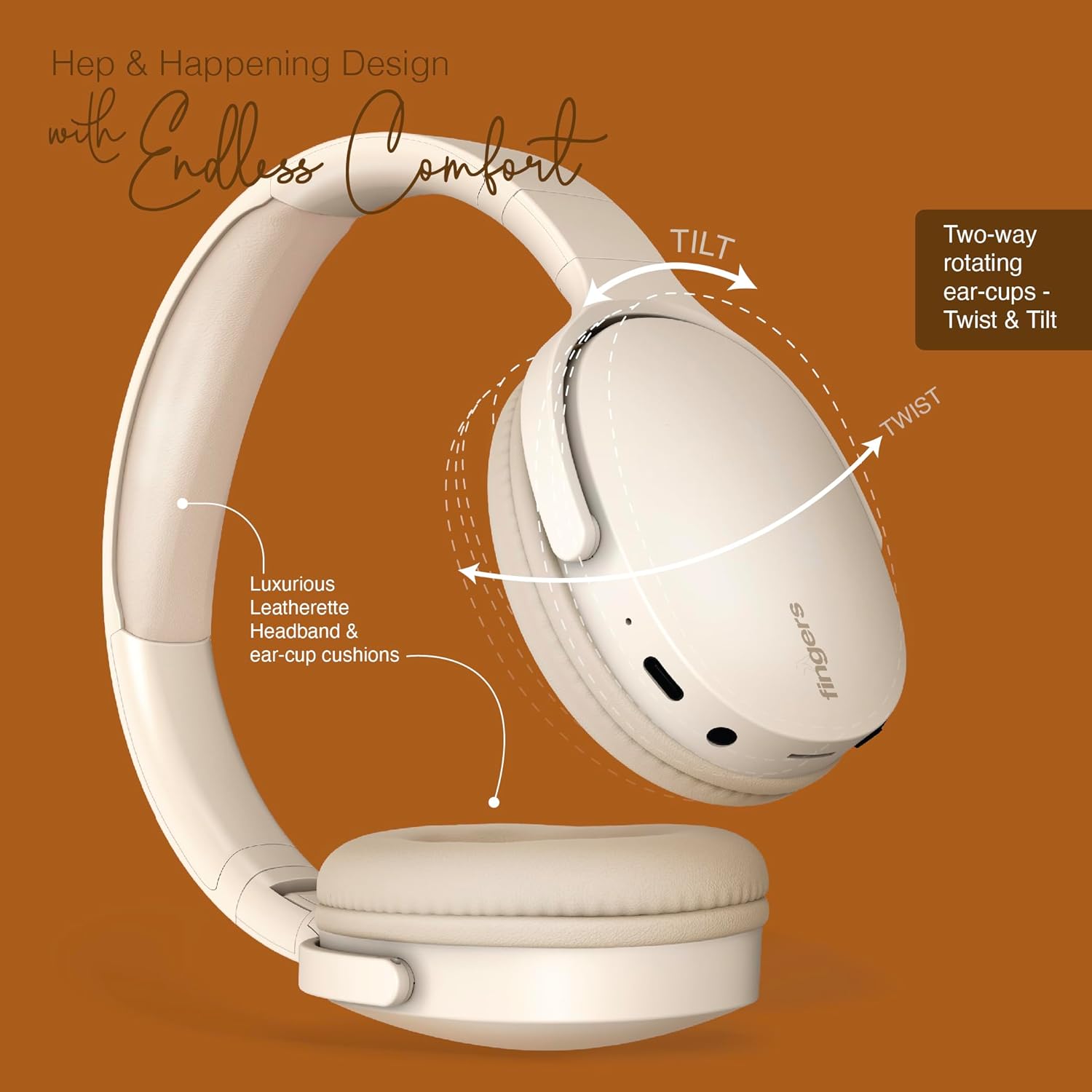 FINGERS Rock-n-Roll H6 On-Ear Bluetooth Headphones with Mic 12 Hours Playtime, 40mm Neodymium Drivers, Leatherette Headband, Bluetooth® v5.4 FM Radio MicroSD AUX- Beige - Image 5