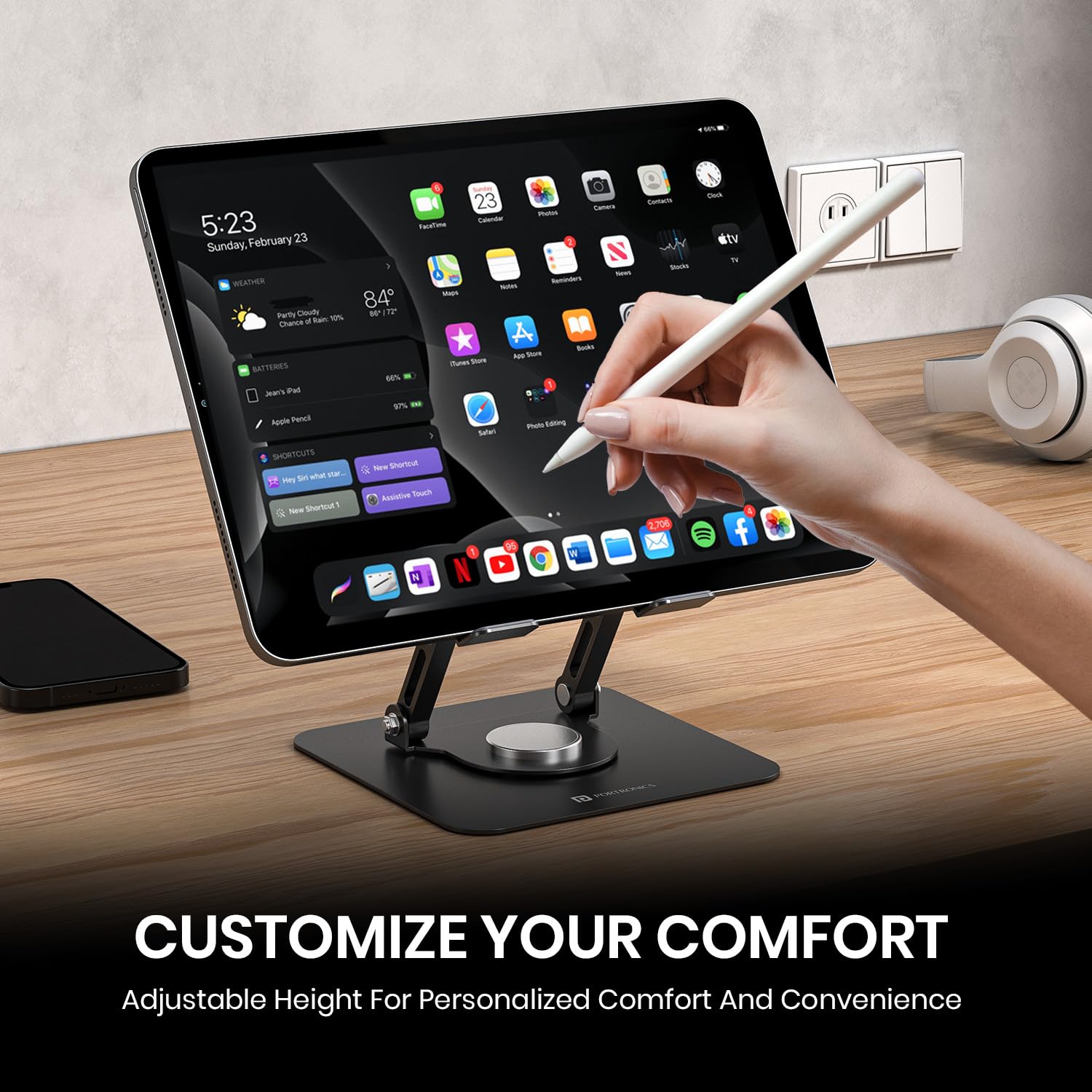 Portronics POR 3105 My Buddy A1, Metal Tablet Stand, 360° Rotating Base, Height ; Angle Adjustable, Supports Up to 12 Inch Tablets &amp; 5Kg Load, Foldable And Portable, Anti-Slip Pads (Grey) - Image 2