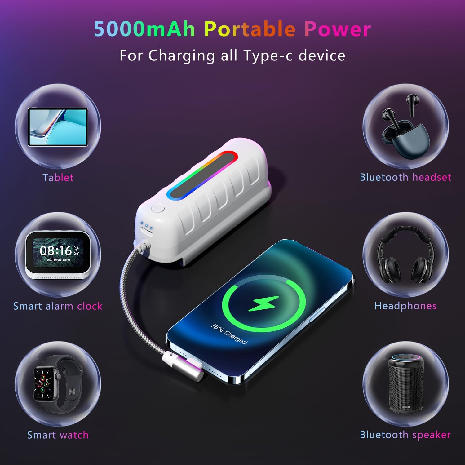 Battery Pack for Meta Quest 2/3/3s, 5000mAh Extended Power with Multi-Colors RGB Lights, Lightweight and Portable VR Extend Power Accessories for Extra 2-4H Playtime - Image 6