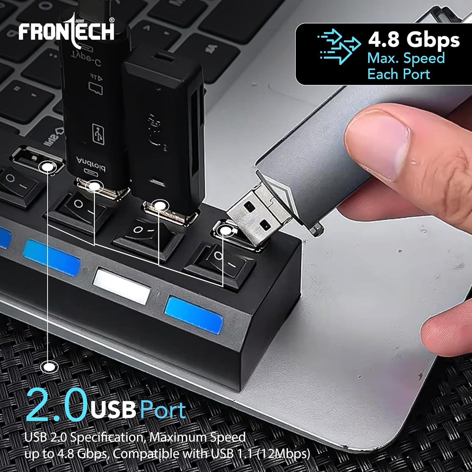 Frontech 4-Port USB Hub Individual On/Off Switches, LED Indicators, 40 cm Cable, Optional Power Input Port, Plug-and-Play Multi-Device Connectivity - Image 5