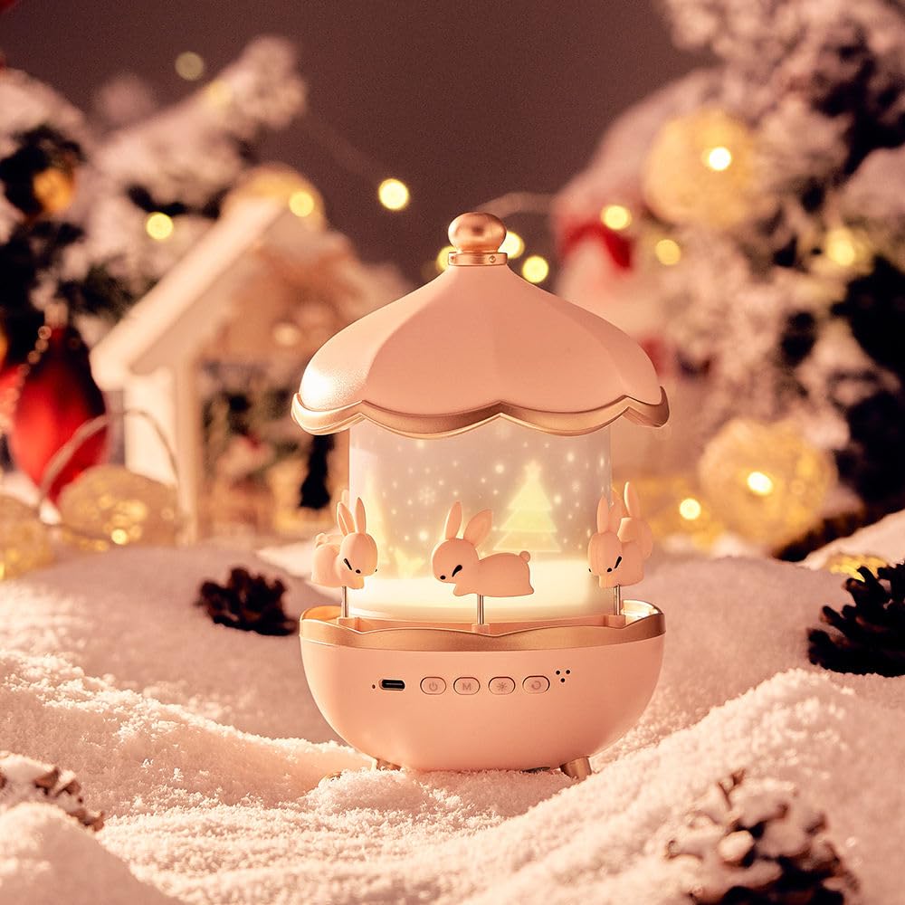 Bunny Carousel Night Light Projector, LED Lamp with 6 Rotating Films, Star Projection for Nursery & Kids Room Decor, Rotatable Rabbit Light, Pink - Image 11