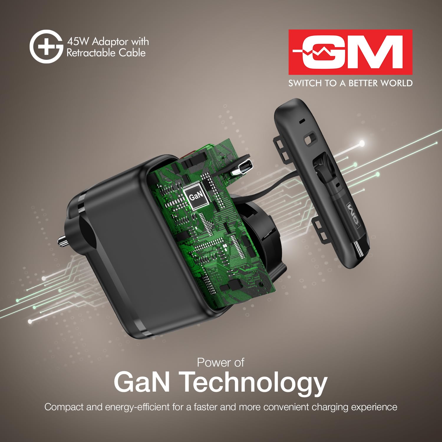 GM G+ 45W Type C All in One Travel Adapter with 70 CM Retractable Cable, GaN Technology Super Fast Charger for Mobile And Laptop Black - Image 4