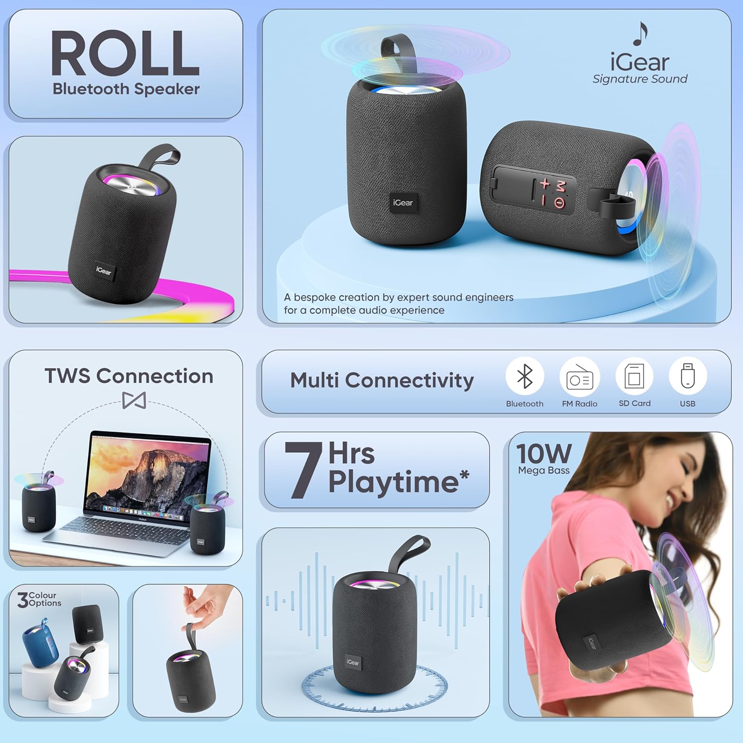 IGear Roll 10W Portable Bluetooth Speaker-360-Degree Surround Sound, RGB Lights, 7-Hour Playtime, Splashproof, True Wireless Stereo (TWS) Black - Image 4