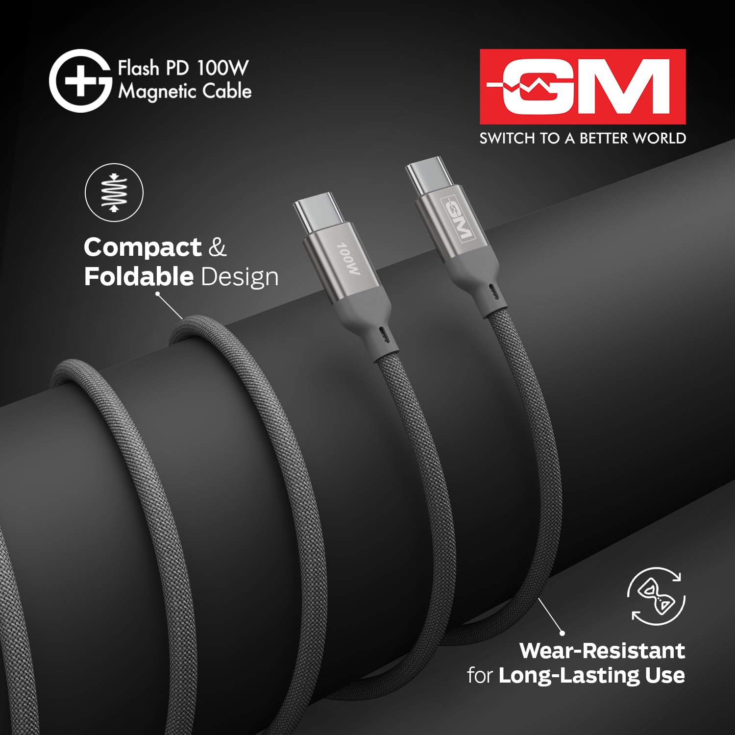 GM G+ Flash PD 100W Grey Magnetic Cable, Type-C to Type-C, 1.2M Length, Premium Braided Copper Wire, Durable And Wear Resistance - Image 7