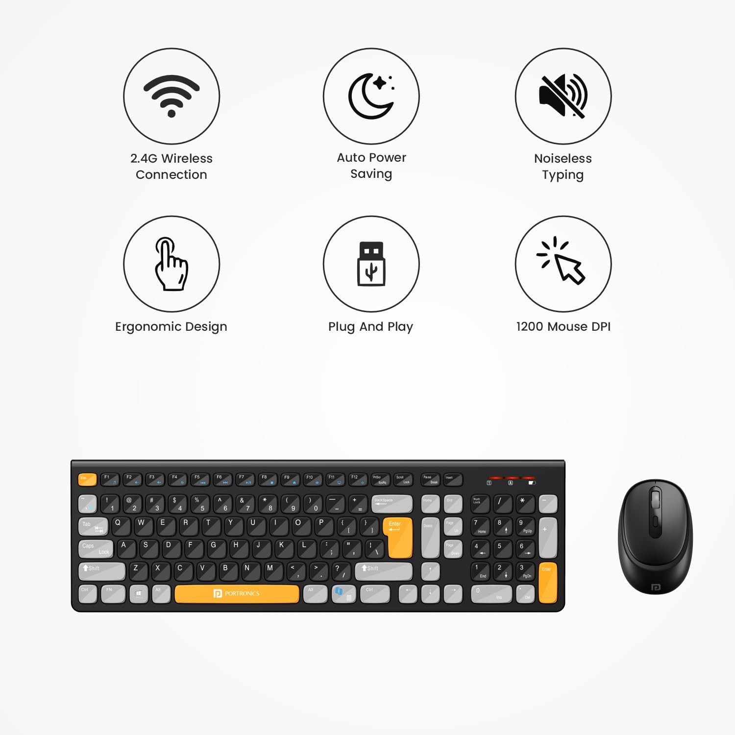 Portronics POR 2113 Key7 Combo Wireless Keyboard & Mouse Set with Copilot AI, 2.4 GHz USB Receiver, 10m Range, 12 Shortcut Keys, Adjustable DPI (Up to 1600), 10M Key Life for PC, Laptop, Mac(Black+Orange) - Image 9