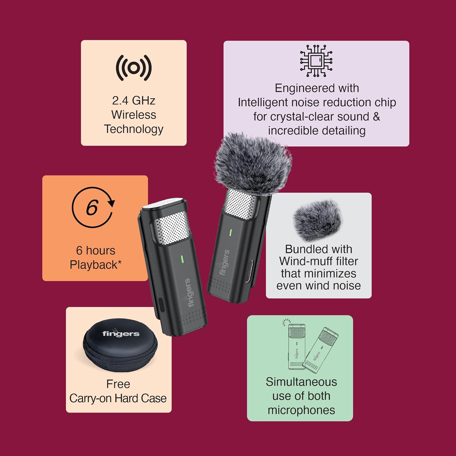 FINGERS PhoneMic Type C (2Mic) Dual Wireless Lavalier Microphone for Mobile Recording & Streaming 2.4 GHz, Intelligent Noise Reduction, Ear Monitoring, Compatible with Type-C Devices - Image 3