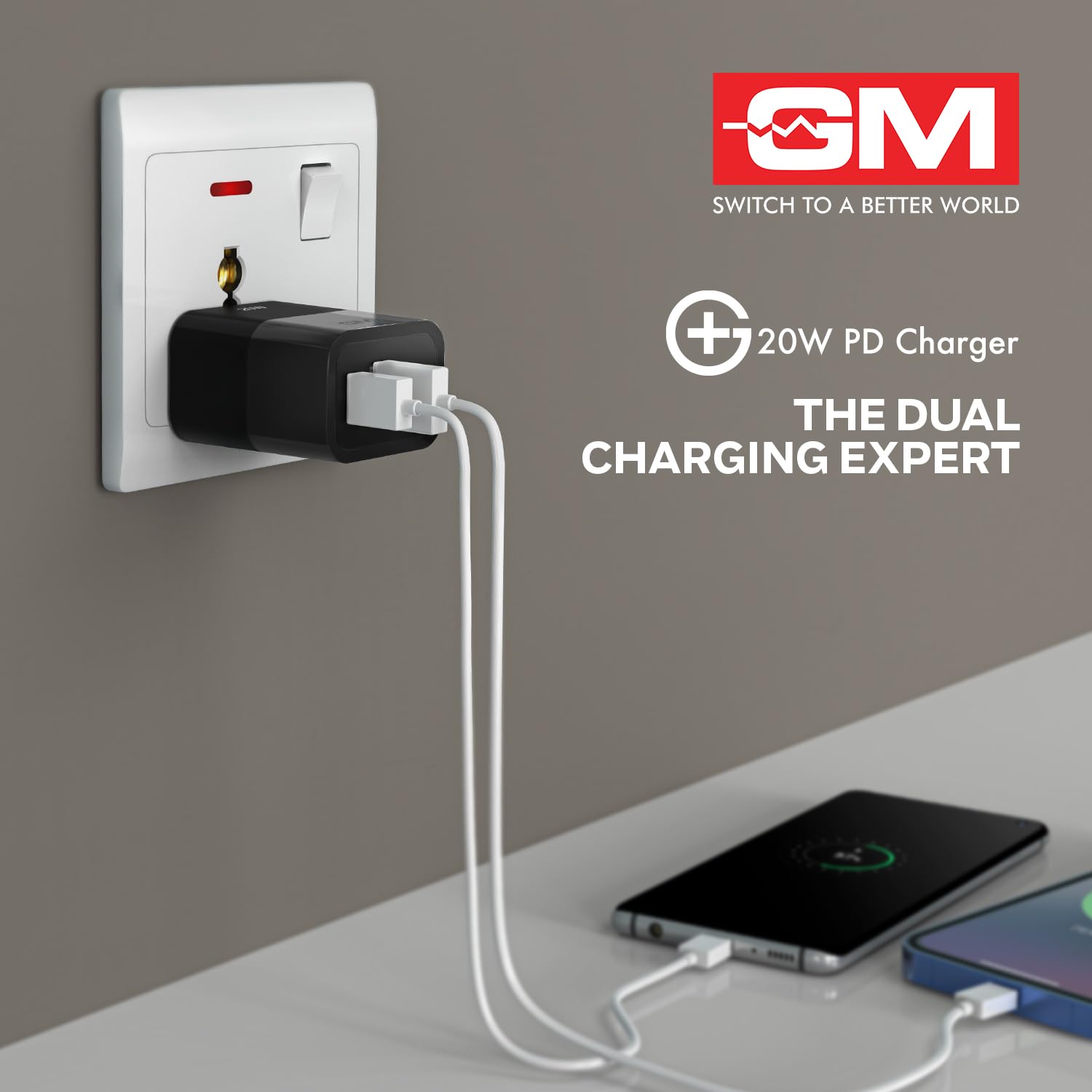 GM G+ 20W Dual Port Type C And A Mobile PD Charger, Fast Charging for Android, iPhone 16/15/14/13/12/11 Pro,Max, Samsung, One Plus Black - Image 2