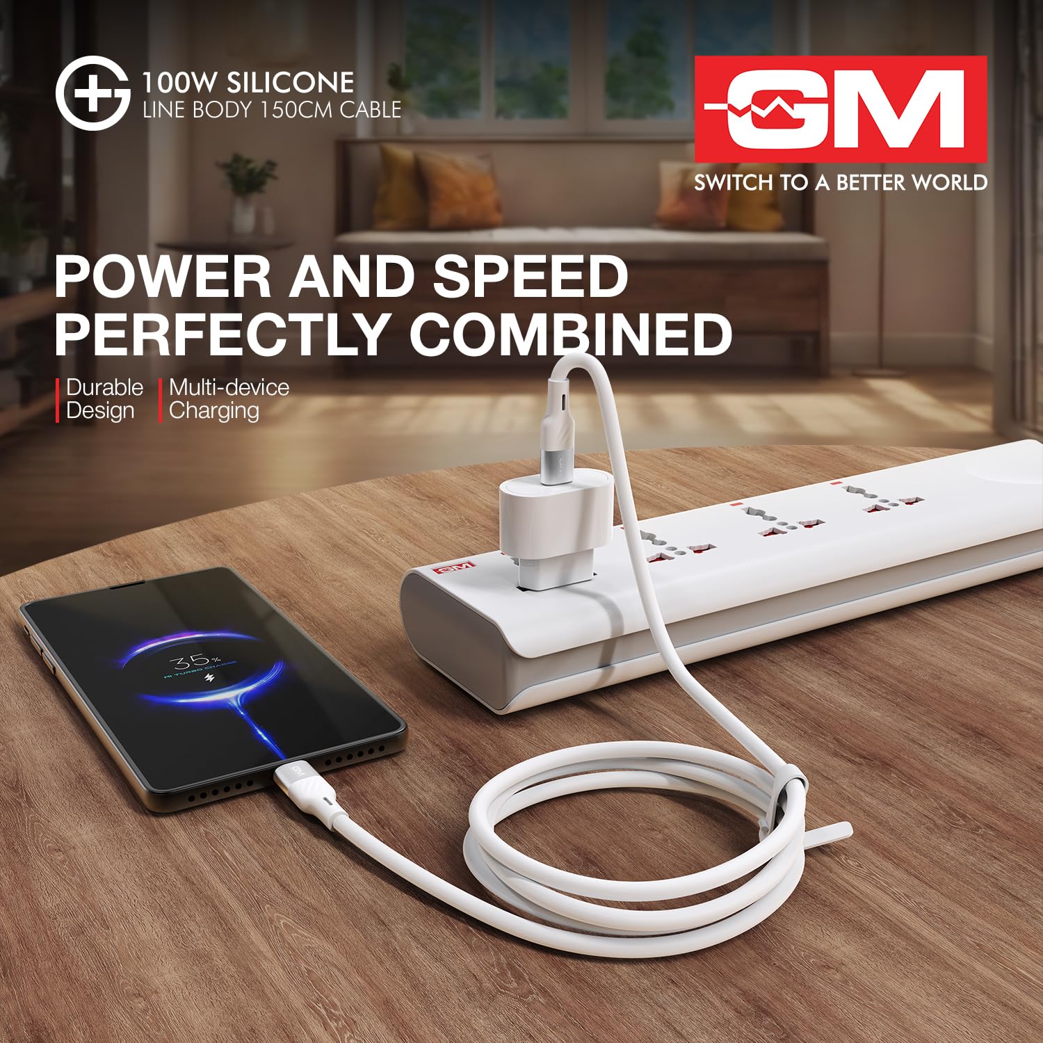 GM G+ 100W Silicon Line Body 150cm Cable , Flexible Silicone Line Body, PD 3.1 Type-C Cable, 480Mbps Data Transfer, Durable Aluminium Connectors White - Image 2