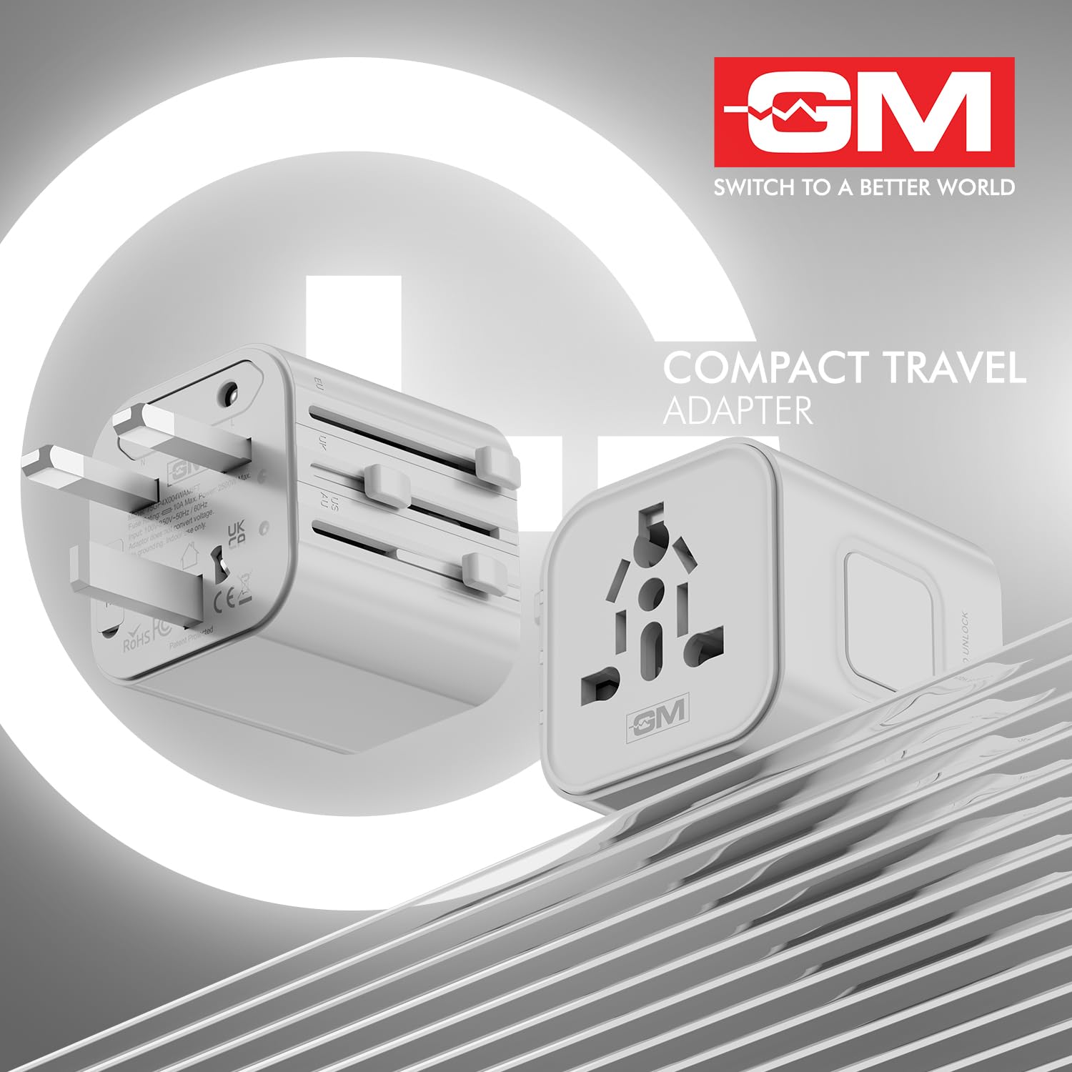 GM G+ Compact Travel Adapter, Universal All-in-One Worldwide Plug (US/UK/EU/AU), Safety Protection, Foldable, Fire-Resistant, 150+ Countries White - Image 2