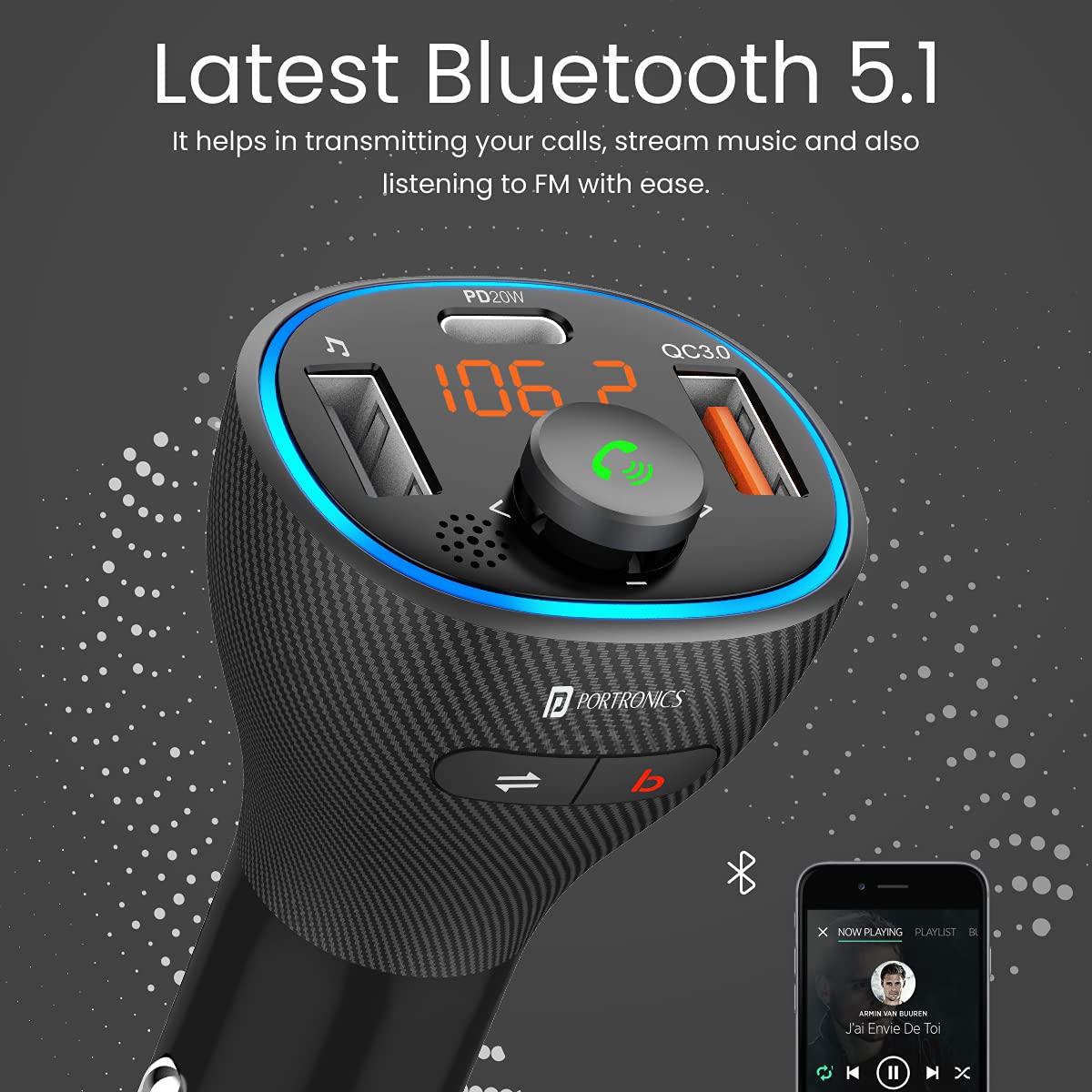 Portronics POR 1265 Auto 15 Bluetooth - FM Transmitter in-Car Radio Adapter for Hands-Free Calling, Music Streaming, USB Reading, 20W/38 W Max Black - Image 2
