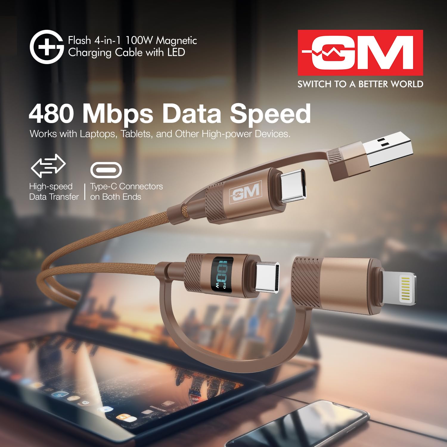 G+ Flash 4-in-1 100W Magnetic Charging Cable with LED Indicator, Self-winding, 480Mbps, 4 Ports (2 Type-C, Type-A, Lightning), 120cm Cord Length, For Laptops, Tablets, & High-power Devices - Image 7