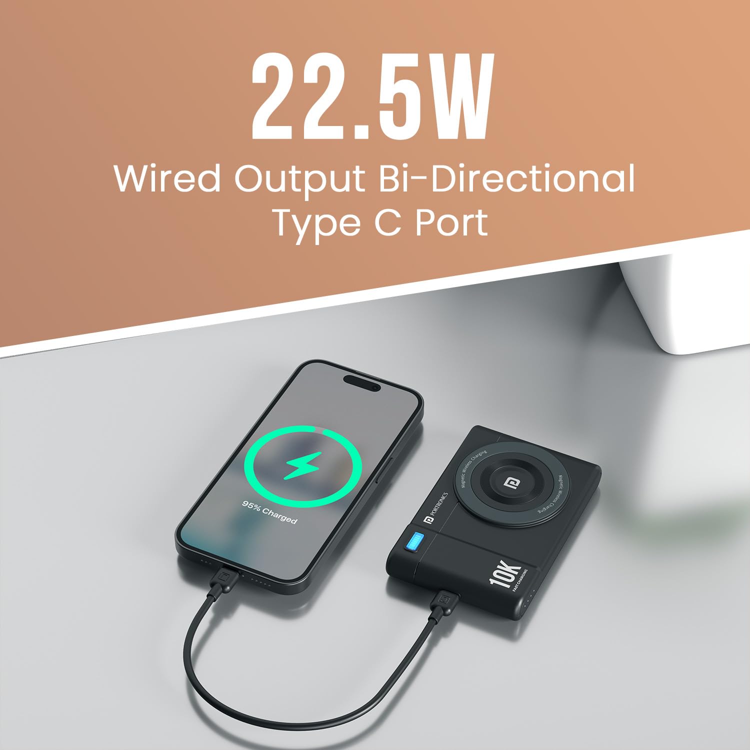 Portronics POR 2807 PowerShutter Air 10K 10000mAh 15W Wireless Magnetic Fast Charging Powerbank, In Built Cable, 22.5W Type C PD Output, Light Weight - Image 7