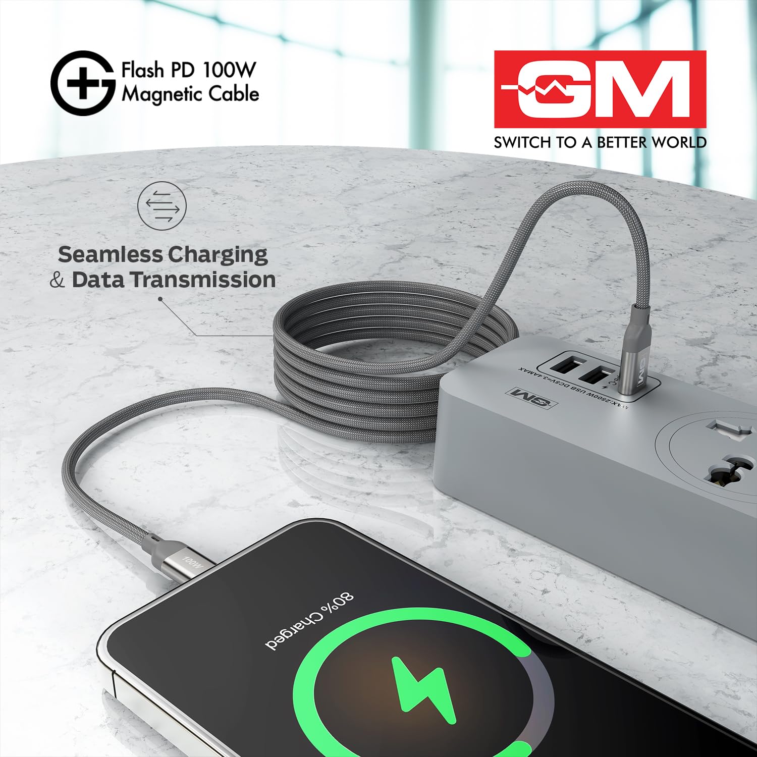 GM G+ Flash PD 100W Grey Magnetic Cable, Type-C to Type-C, 1.2M Length, Premium Braided Copper Wire, Durable And Wear Resistance - Image 2