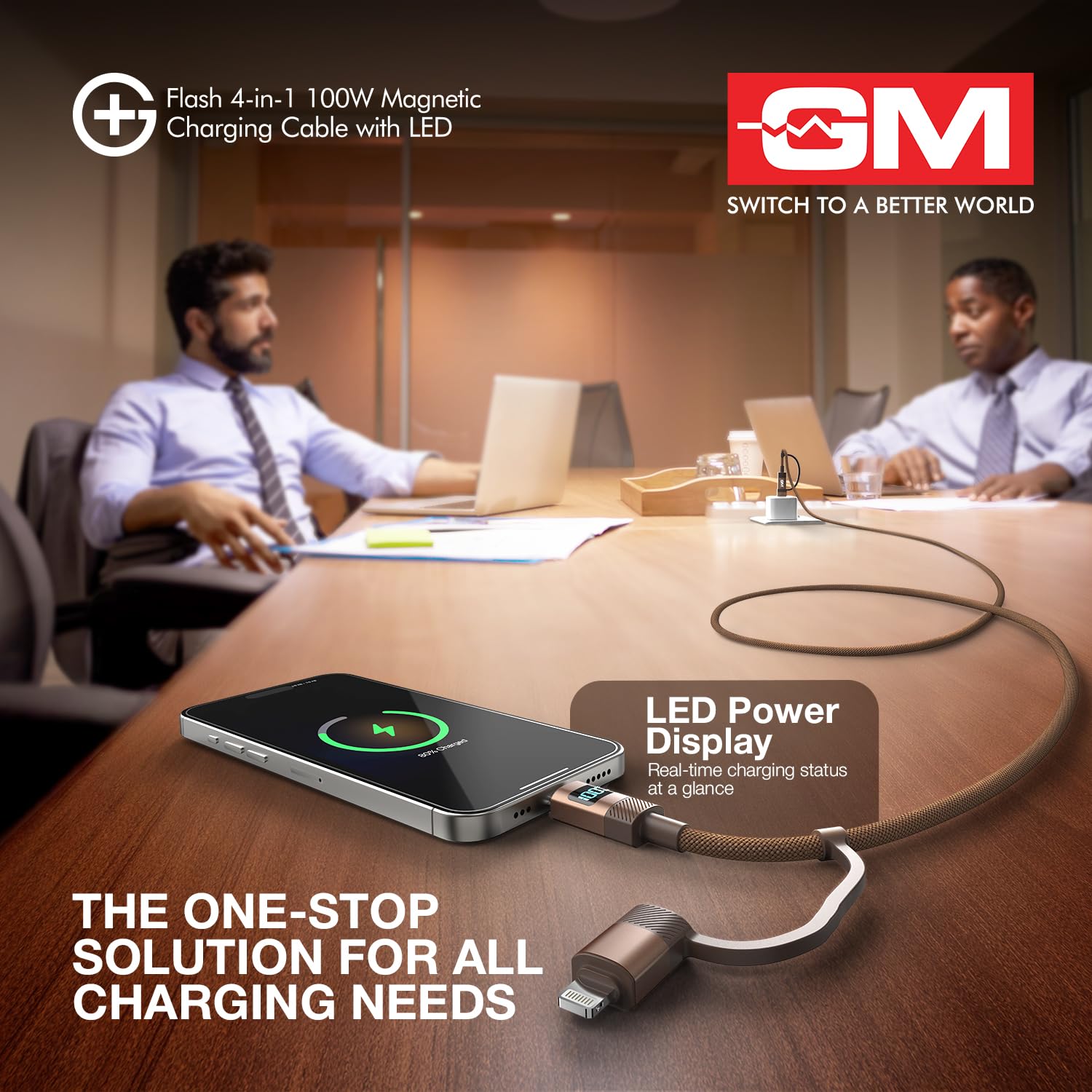 G+ Flash 4-in-1 100W Magnetic Charging Cable with LED Indicator, Self-winding, 480Mbps, 4 Ports (2 Type-C, Type-A, Lightning), 120cm Cord Length, For Laptops, Tablets, & High-power Devices - Image 2
